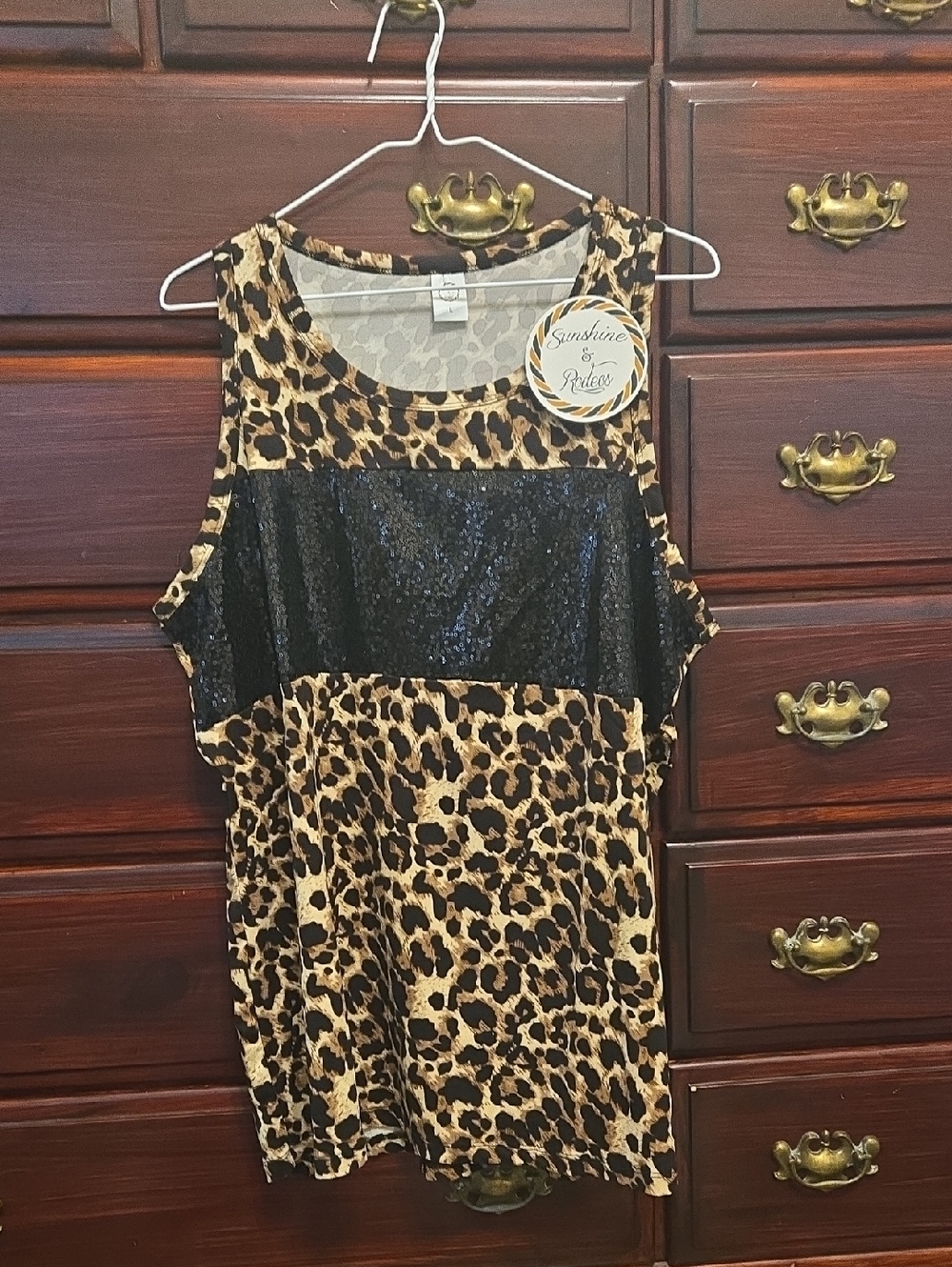 Leopard Print Tank with Black Sequin Panel Size L